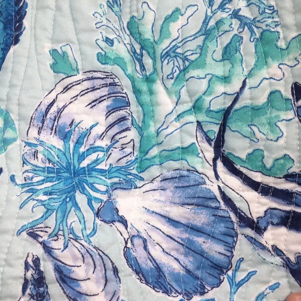 3 pc Nicole Miller Ocean FULL QUEEN Quilt Sham Set Tropical Fish Seashell Blue